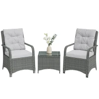Outsunny 3 Pieces Rattan Bistro Set, Wicker Garden Furniture Set with Metal Frame, Cover, Glass Top Coffee Table, Light Grey(m-10)