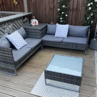 Outsunny 4pc Garden Rattan Wicker Outdoor Furniture Patio Corner Sofa Love Seat and Table Set  with Cushions Side Desk Storage, Mixed Grey(m-10)