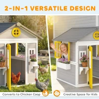 Outsunny Wooden Playhouse with Doors, Windows, Plant Pots, Boxes, for 3-8 Years - Grey(m-5)