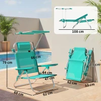 Outsunny Juego de 2 Sillas de Playa Plegables con Dosel Ajustable Respaldo Reclinable en 6 Posiciones Reposacabezas Turquesa(m-3)