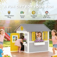 Outsunny Wooden Playhouse with Doors, Windows, Plant Pots, Boxes, for 3-8 Years - Grey(m-7)