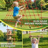 AIYAPLAY Ninja Line Kinderen 10m Slackline Set met turnringen schommel klimladder klimnet voor 3-6 jaar 1000x300x180 cm Rood(m-6)