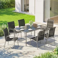 Outsunny Salon de Jardin 6 Personnes Ensemble Table et Chaises Jardin avec Chaises Empilables en Textilène 70x51x87cm Argent(m-10)