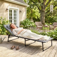 Outsunny Bain de Soleil transat Pliable Dossier inclinable Multi-Positions Acier thermoplastique Lacets élastiques Noir textilène Gris(m-8)