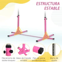 HOMCOM Barra de Gimnasia para Niños de +3 Años Barra de Entrenamiento Altura Ajustable 92-150 cm Carga 75 kg 194x121x150cm Rosa(m-6)