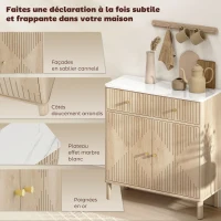 HOMCOM Buffet, meuble de rangement cannelé avec plateau effet marbre, 2 tiroirs, 2 portes, étagère réglable, 77x30x80cm, chêne(m-4)