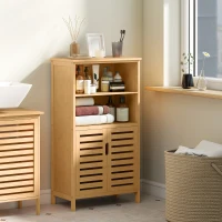 kleankin Meuble de rangement salle de bain en bambou avec 2 portes ajourées et 2 compartiments 50 x 29 x 92 cm naturel(m-8)
