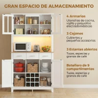 HOMCOM Alacena de Cocina con Iluminación LED Control por APP Encimera para Microondas Botellero Puertas de Vidrio Blanco(m-5)
