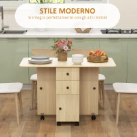 HOMCOM Tavolo Pieghevole con 2 Cassetti e Armadietto, 6 Rotelle e Freni, 120x60x76.5 cm, Color Legno(m-4)
