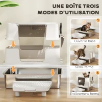 PawHut Bac à Litière XL en Acier Inoxydable pour Grand Chat, Couvercle Pivotant 100°, Pelle, 60,2x40,2x44,5cm, Gris Clair(m-5)