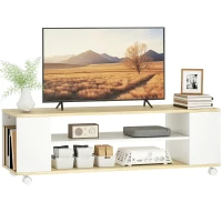 HOMCOM Meuble TV avec roulettes 120 cm, meuble télé pour téléviseur jusqu'à 55 pouces, 2 étagères ouvertes, blanc et naturel(m-11)