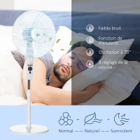 HOMCOM Ventilateur sur pied puissant 45 W réglable en hauteur 110-124 cm, télécommande, 3 vitesses, oscillation et minuterie(m-7)