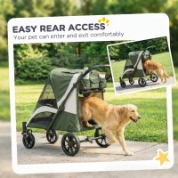PawHut Foldable Pet Stroller for Large Dogs with Four Big Wheels, Shock-Absorbing Frame, Safety Leashes, Brakes, Dark Green(m-6)