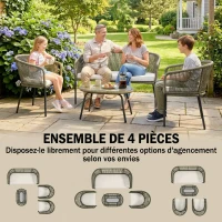 Outsunny Salon de Jardin Extérieur 4 Places Canapé 2 Places 2 Fauteuils et Table Basse Verre Trempé PP Rond Tressé Crème(m-4)