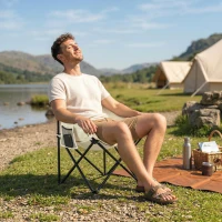 Outsunny Chaise de camping pliable avec sac de transport et pochette latérale compact ultra légère beige(m-10)