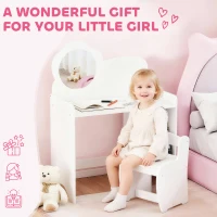 AIYAPLAY Kids Dressing Table with Mirror, Stool, Kids Vanity Table with Shelves, for Ages 3-8 Years, White(m-8)