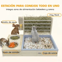 PawHut Comedero de Heno de Conejos con Bandeja Alimentador de Heno de Madera con Cuenco de Acero Inoxidable y Botella de Agua(m-4)