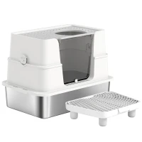 PawHut Bac à Litière XL en Acier Inoxydable pour Grand Chat, Couvercle Pivotant 100°, Pelle, 60,2x40,2x44,5cm, Gris Clair(m-1)