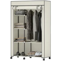 HOMCOM Armoire penderie en tissu meuble de rangement 6 roulettes tringle à vêtements et étagères ouvertes 103x43x162,5cm crème(m-1)