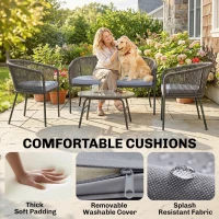 Outsunny 4 Piece Garden Furniture Set, Rope Garden Sofa Set with 1 Loveseat 2 Chairs Tempered Glass Table Cushions, Dark Grey(m-6)