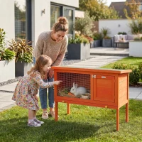 PawHut Conigliera da Esterno in Legno di Pino con Vassoio Estraibile, Tetto Apribile e Porta con Serratura, Arancione(m-2)