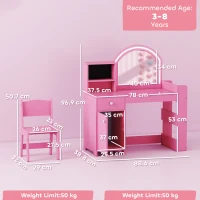 AIYAPLAY Kids Vanity Table and Chair Set, Girls Dressing Table with 2-Colour LED Mirror, Stool, Cabinet, Drawer, Shelves, Pink(m-3)