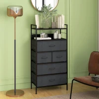 HOMCOM Commode meuble de rangement 5 tiroirs en tissu amovibles et 2 étagères structure acier dim. 58L x 30l x 120H cm noir(m-10)