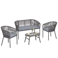 Outsunny 4 Piece Garden Furniture Set, Rope Garden Sofa Set with 1 Loveseat 2 Chairs Tempered Glass Table Cushions, Dark Grey(m-10)