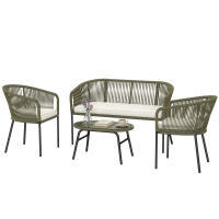 Outsunny Salon de Jardin Extérieur 4 Places Canapé 2 Places 2 Fauteuils et Table Basse Verre Trempé PP Rond Tressé Crème