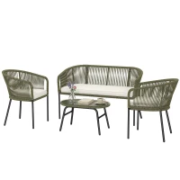 Outsunny Salon de Jardin Extérieur 4 Places Canapé 2 Places 2 Fauteuils et Table Basse Verre Trempé PP Rond Tressé Crème(m-1)