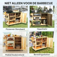 Outsunny Buitenkeuken Eiland, Grillwagen met Kast en Planken, Keukentrolley van Hout en Roestvrijstaal, Met Wielen, Natuurhout(m-7)