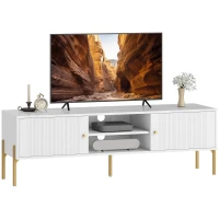HOMCOM Mueble de TV Moderno con 2 Puertas 2 Estantes Abiertos Orificios Pasacables para TV 65 Pulgadas 140x38x45,9 cm Blanco(m-10)