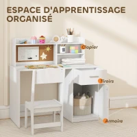 AIYAPLAY Bureau enfant avec chaise, table enfant et chaise, tiroir, placard, compartiments ouverts, tableau en liège, blanc(m-4)