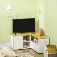 HOMCOM Meuble TV d'angle banc télévision jusqu'à 40 pouces avec rangements aspect bois clair et blanc(m-10)
