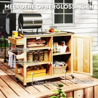 Outsunny Buitenkeuken Eiland, Grillwagen met Kast en Planken, Keukentrolley van Hout en Roestvrijstaal, Met Wielen, Natuurhout(m-5)