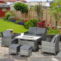 Outsunny 6 Seater Rattan Garden Furniture Set, Gas Fire Pit Table, Wicker Loveseat, 2 Armchairs and 2 Footstools, 6 Piece Patio Rattan furniture Sofa Sets with Cushions for Conservatory, Grey(m-2)