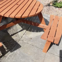 Outsunny Wooden Garden Dining Set, 6 Seater Round Dining Picnic Table with Matching Bench, Garden Furniture Set with Parasol Hole for Outdoor Patio Party and Family Gatherings, Brownish Red(m-11)