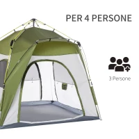 Outsunny Tenda da Campeggio 3 Posti Pop Up con Porta a Cerniera e 3 Finestre, 240x240x199 cm, Verde(m-4)