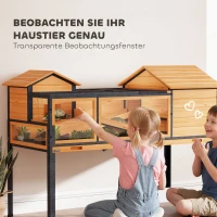 PawHut Schildkrötenhaus, Kleintiergehege, 2 Räume, 2 Stockwerke, Fenster, Rampen, Zubehör, Holz, Stahl, Gelb(m-5)