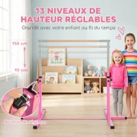 HOMCOM Barre fixe de gymnastique pour enfant, hauteur réglable 13 niveaux de 92-150 cm, en acier et bois en hêtre, barre de gym d'entrainement à domicile, antidérapant, facile à assembler, rose(m-5)