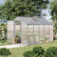 Outsunny Serre de jardin en aluminium polycarbonate, serre avec fenêtres supérieures réglables, porte battante, abri extérieur résistant aux intempéries pour plante fleur, 303x183x195 cm, transparent(m-2)