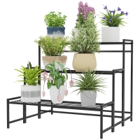 Outsunny Étagère à Fleurs en métal 3 Niveaux Intérieur et Extérieur, support de plantes en échelle, 75 x 70 x 66 cm, Noir