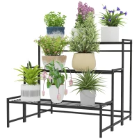 Outsunny Étagère à Fleurs en métal 3 Niveaux Intérieur et Extérieur, support de plantes en échelle, 75 x 70 x 66 cm, Noir(m-1)