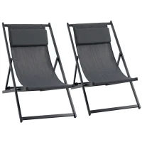 Outsunny Lot de 2 bain de soleil, chaise longue pliante avec appuie-tête en textilène inclinable 60 x 100 x 85 cm gris foncé(m-1)