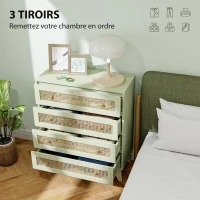 HOMCOM Commode 4 tiroirs meuble de rangement cannage en rotin aspect bois clair 80 x 35 x 95 cm vert(m-5)