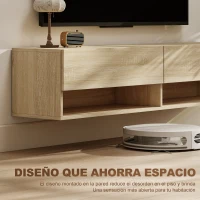 HOMCOM Mueble de TV Suspendido 2 Cajones Abatibles 2 Estantes Abiertos para Televisión 60 Pulgadas 140x32x31 cm Madera Natural(m-5)