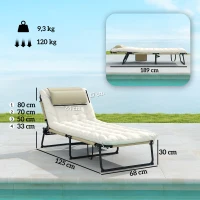 Outsunny Transat bain de soleil pliable avec dossier inclinable 4 positions - appui-tête et matelas épais beige(m-3)