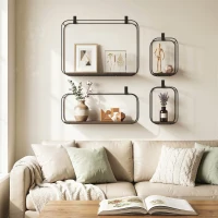 HOMCOM Lot de 4 étagères murales industrielles, étagères flottantes géométriques en métal, pour salon, chambre et bureau, noir(m-9)