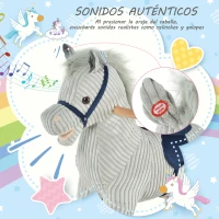 HOMCOM Caballito Balancín Infantil para Niños de +3 Años Caballo Mecedora de Felpa con Sonidos de Relincho y Galope Base de Madera Carga 45 Kg 73x35x64 cm Azul y Rayas Gris(m-5)