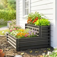 Outsunny Carré potager de jardin fond ouvert 2 étages pour herbes légumes fruits fleurs 120 x 101 x 58 cm gris foncé(m-8)